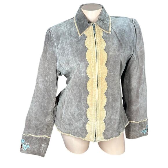 Colebrook Womens L Brown Floral Lined Full Zip 100% Leather Suede Jacket Boho - Picture 2 of 14